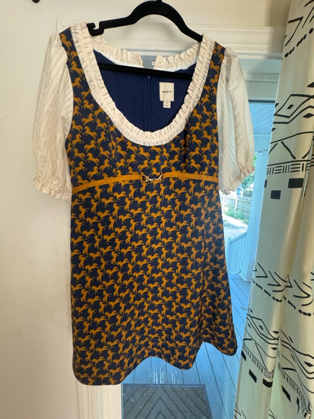 Maeve Puff-Sleeve Navy with Horses Mini Dress - Anthropologie - Picture 4 of 5